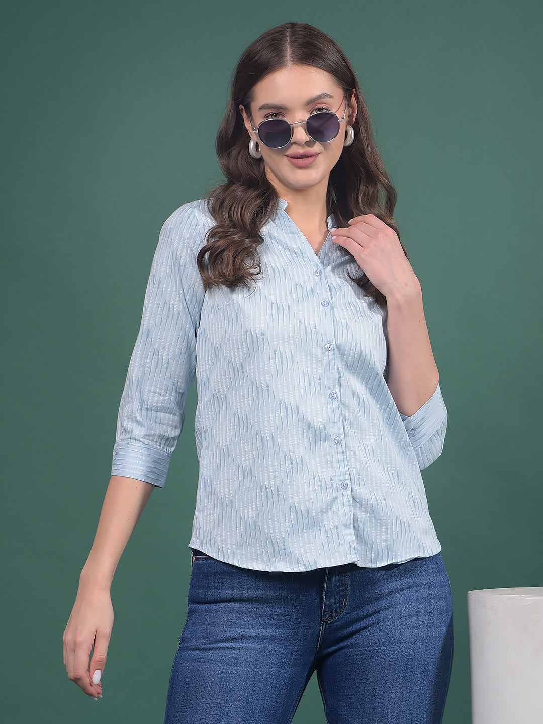Blue Vertical Stripes V-Neck Shirt-Women Shirts-Crimsoune Club