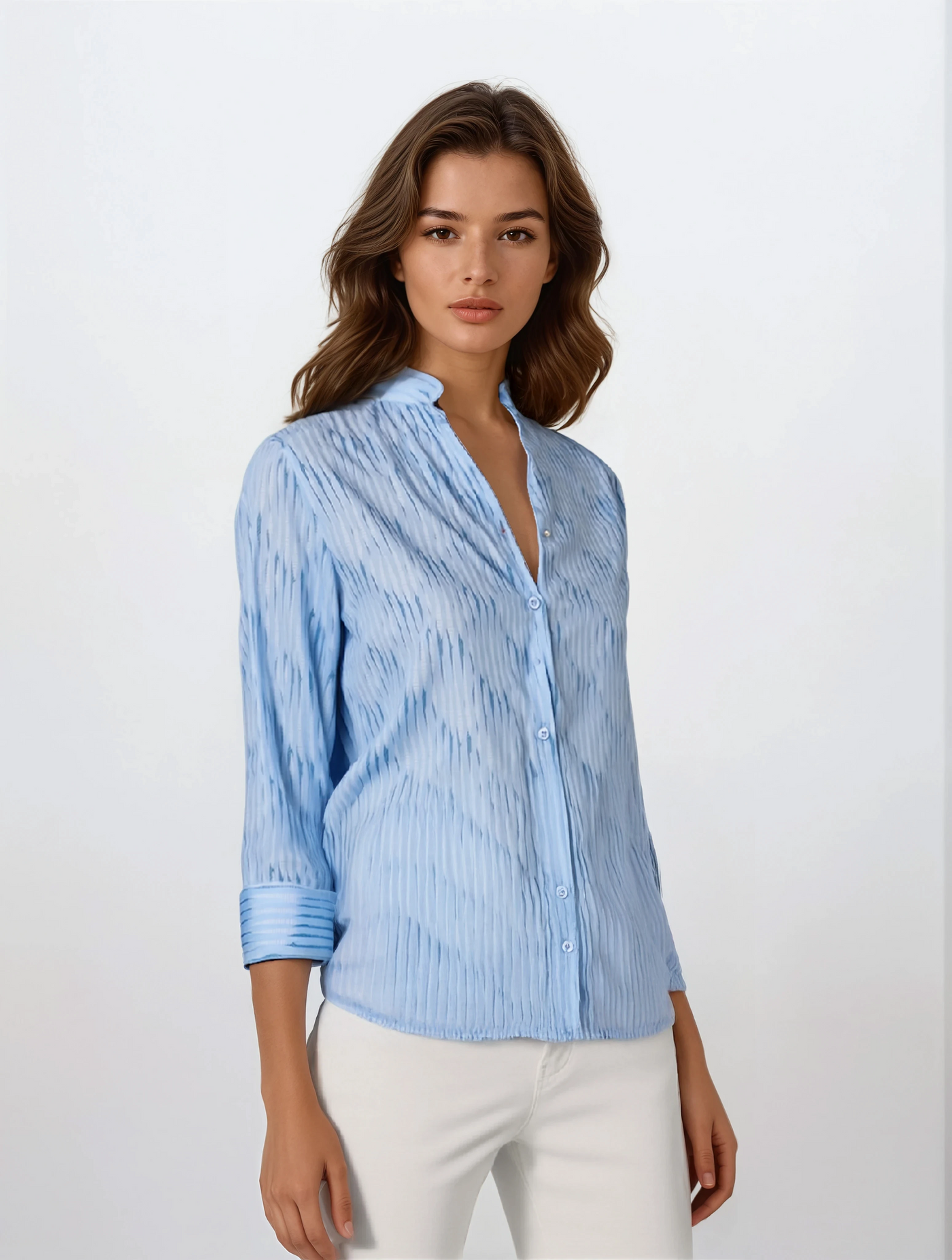 Blue Vertical Stripes V-Neck Shirt-Women Shirts-Crimsoune Club