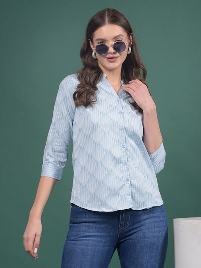 Blue Vertical Stripes V-Neck Shirt-Women Shirts-Crimsoune Club