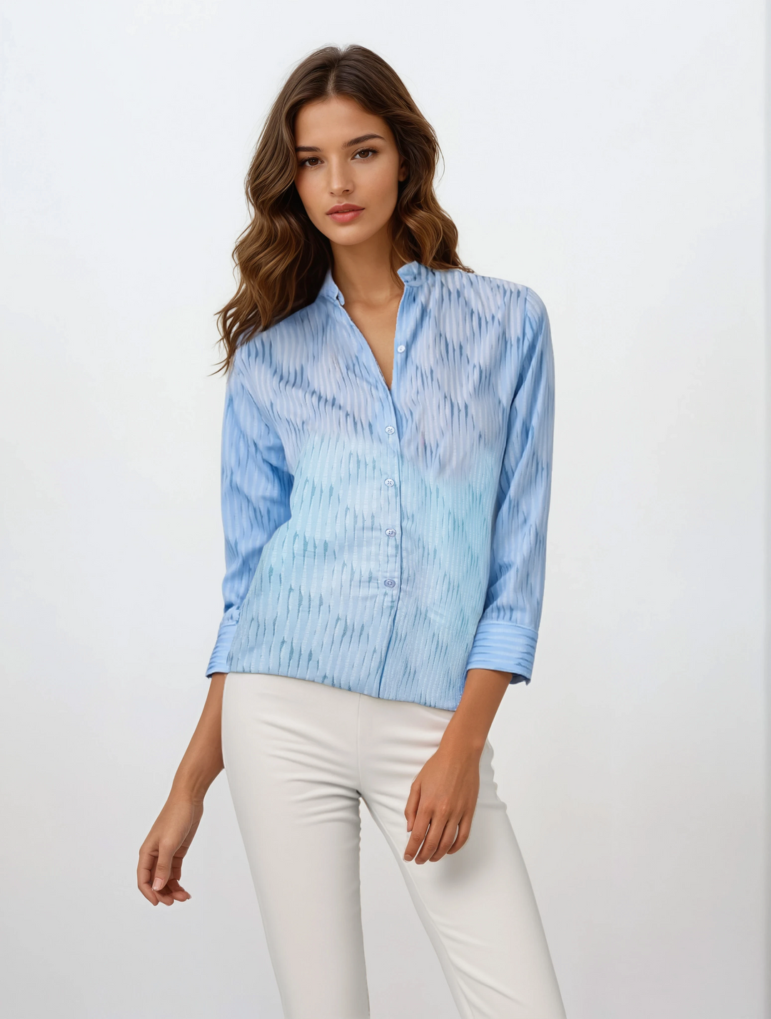 Blue Vertical Stripes V-Neck Shirt-Women Shirts-Crimsoune Club
