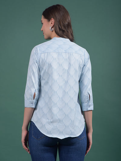 Blue Vertical Stripes V-Neck Shirt-Women Shirts-Crimsoune Club
