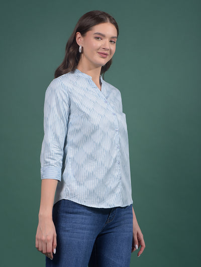 Blue Vertical Stripes V-Neck Shirt-Women Shirts-Crimsoune Club