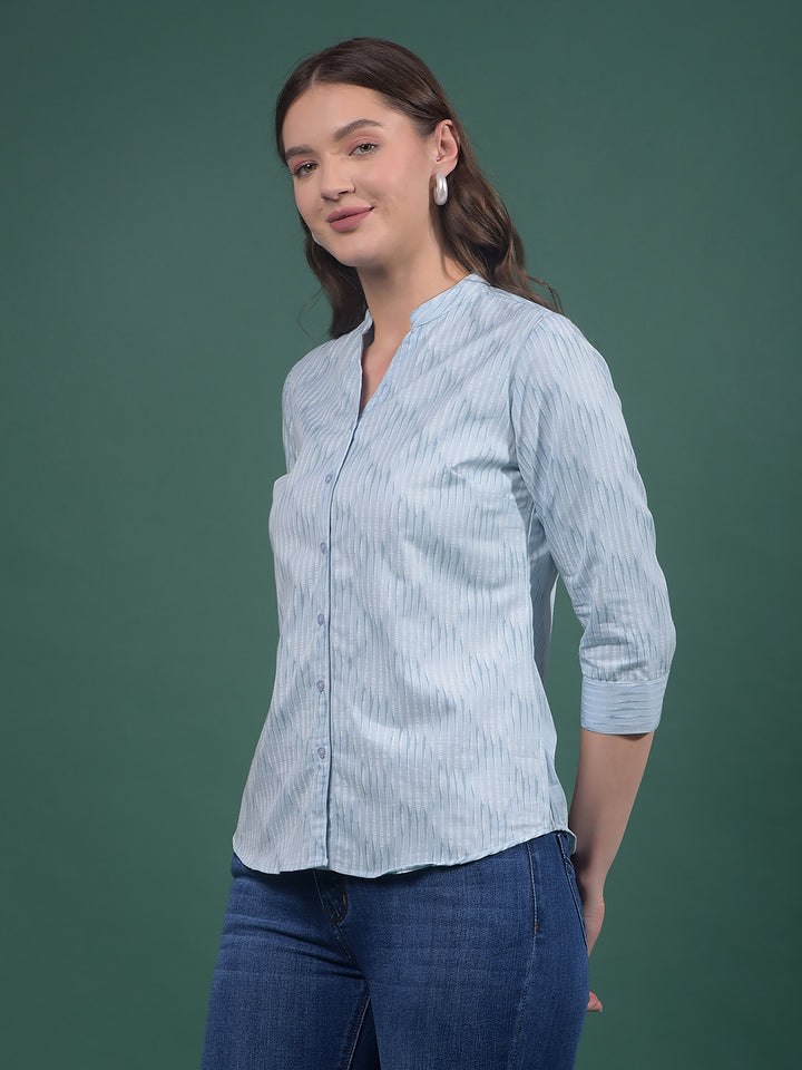 Blue Vertical Stripes V-Neck Shirt-Women Shirts-Crimsoune Club