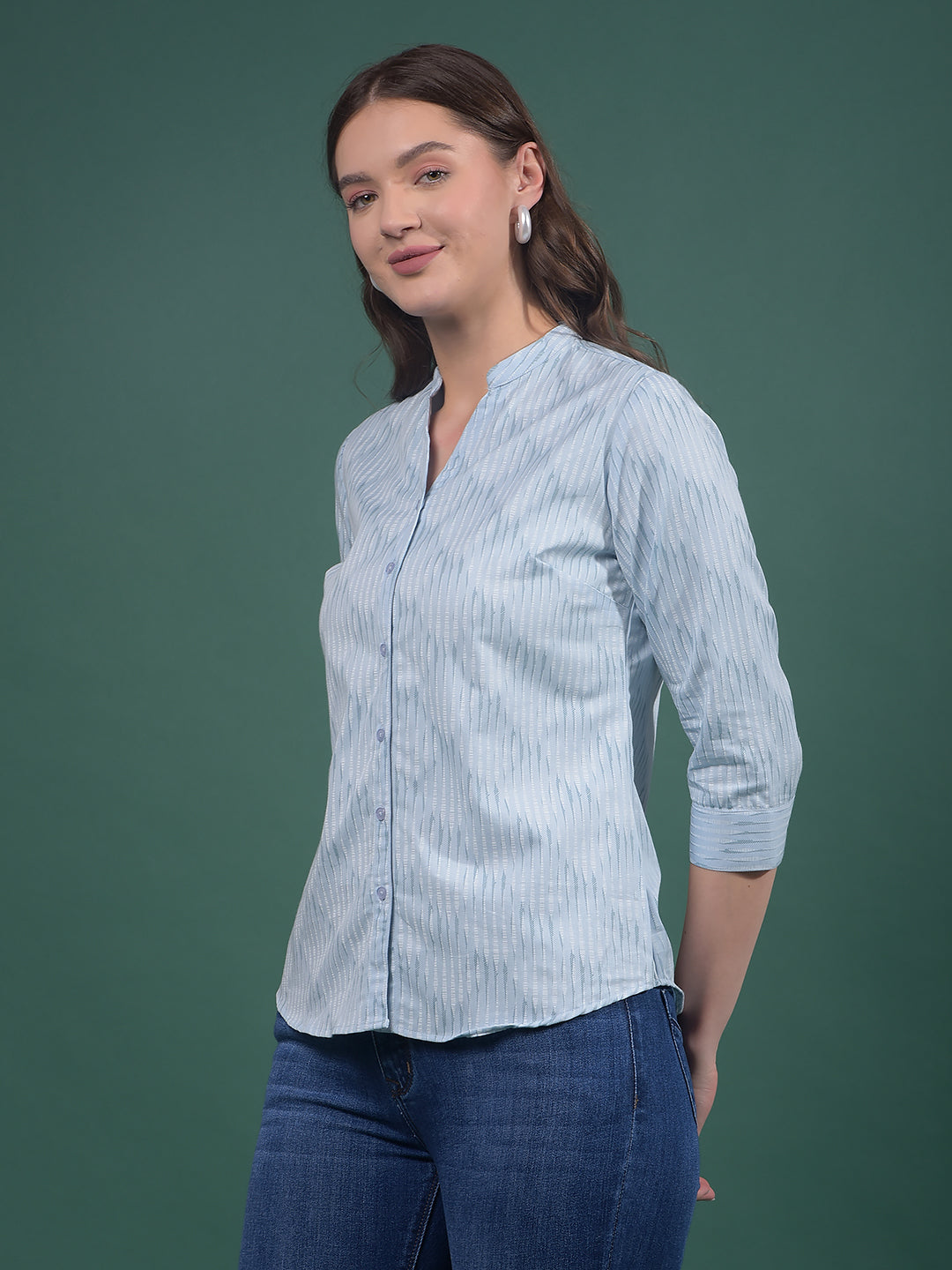 Blue Vertical Stripes V-Neck Shirt-Women Shirts-Crimsoune Club