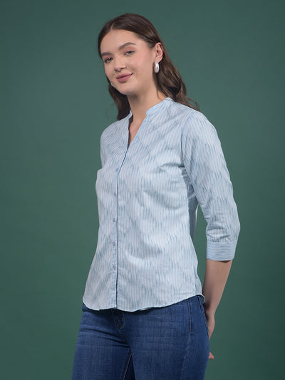 Blue Vertical Stripes V-Neck Shirt-Women Shirts-Crimsoune Club