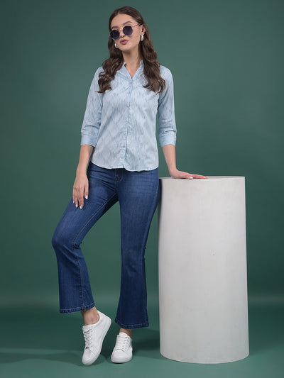 Blue Vertical Stripes V-Neck Shirt-Women Shirts-Crimsoune Club