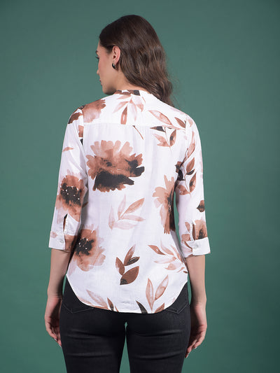 Peach Floral Print Linen V-Neck Shirt-Women Shirts-Crimsoune Club
