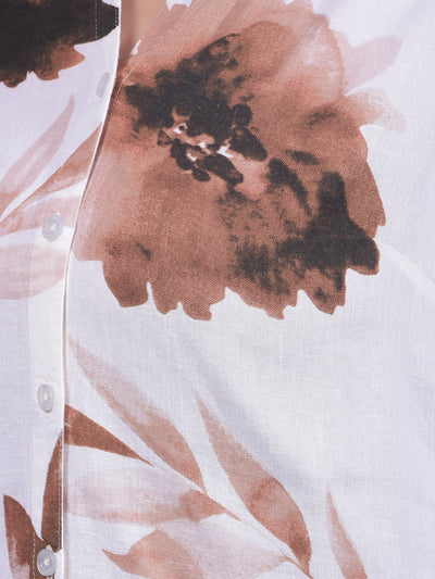Peach Floral Print Linen V-Neck Shirt-Women Shirts-Crimsoune Club