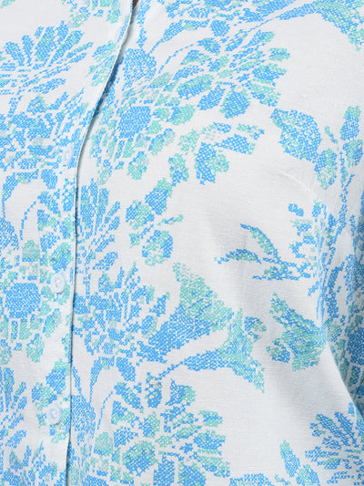 Blue Floral Print V-Neck Linen Shirt-Women Shirts-Crimsoune Club
