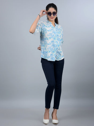 Blue Floral Print V-Neck Linen Shirt-Women Shirts-Crimsoune Club