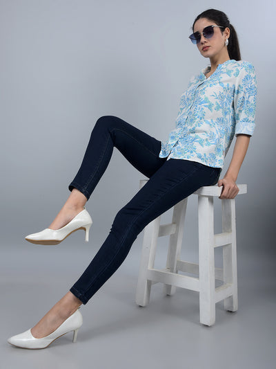 Blue Floral Print V-Neck Linen Shirt-Women Shirts-Crimsoune Club