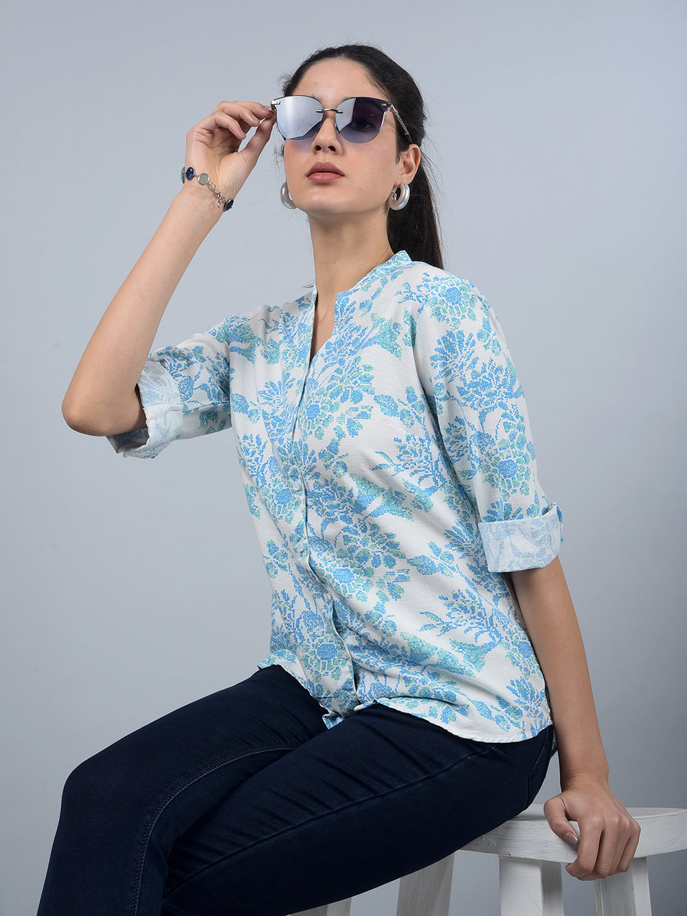 Blue Floral Print V-Neck Linen Shirt-Women Shirts-Crimsoune Club