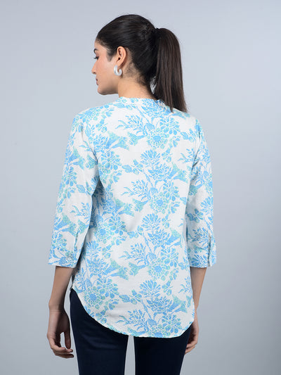 Blue Floral Print V-Neck Linen Shirt-Women Shirts-Crimsoune Club