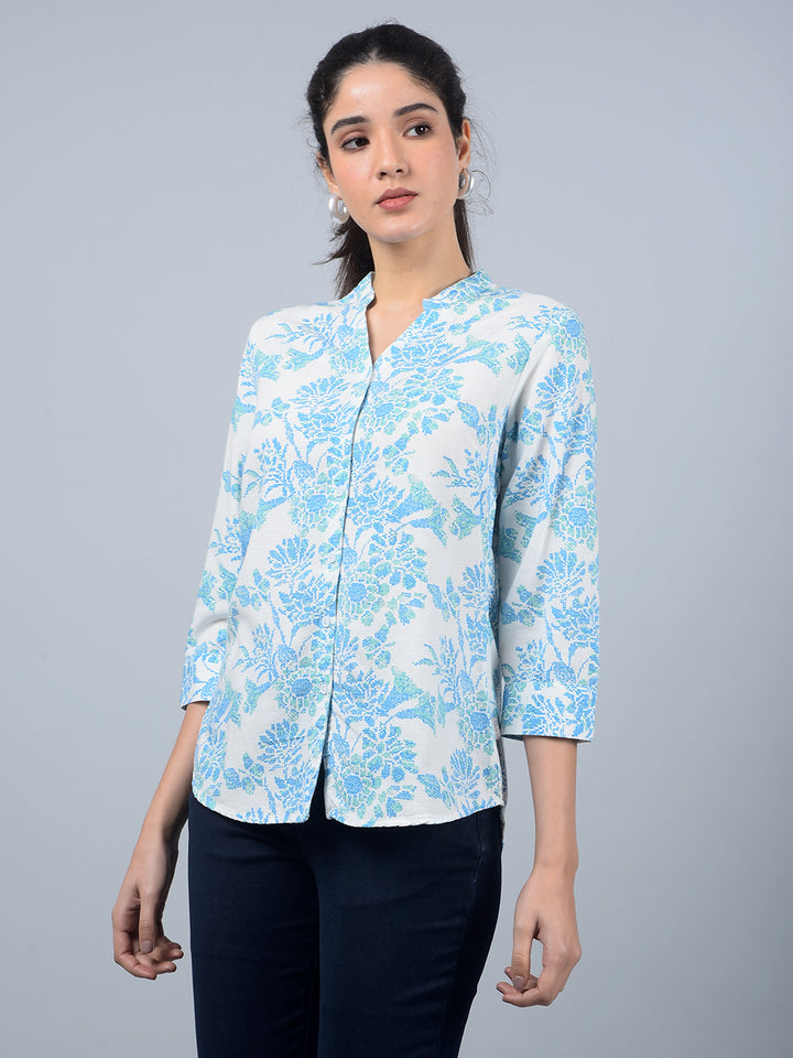 Blue Floral Print V-Neck Linen Shirt-Women Shirts-Crimsoune Club