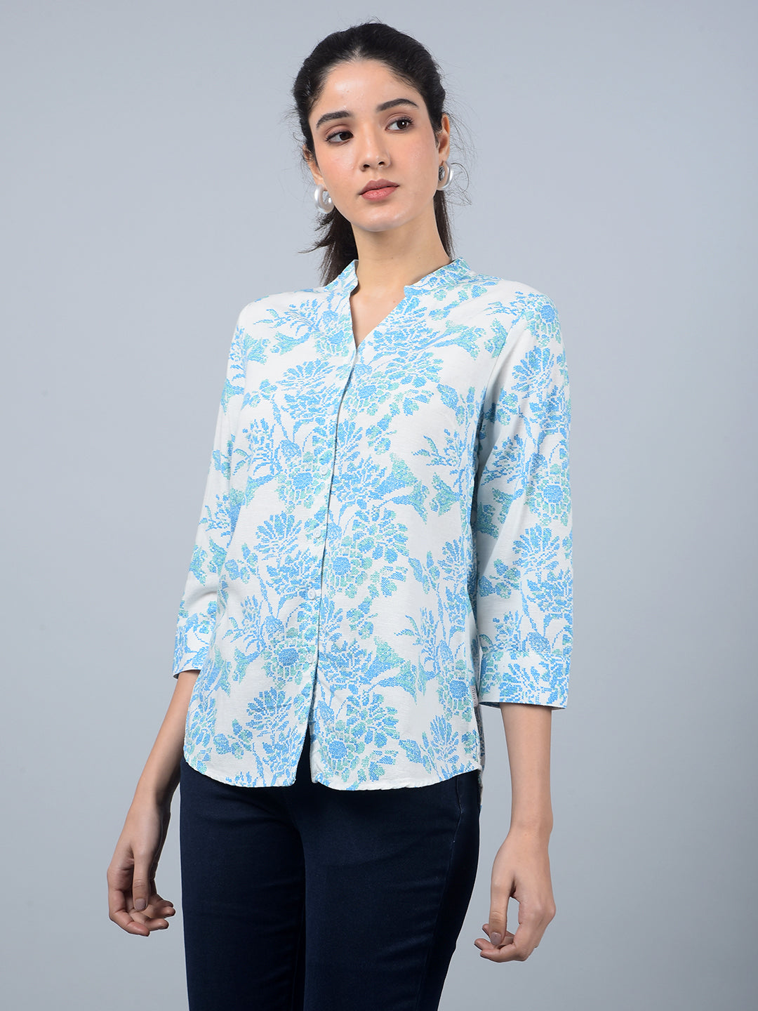 Blue Floral Print V-Neck Linen Shirt-Women Shirts-Crimsoune Club