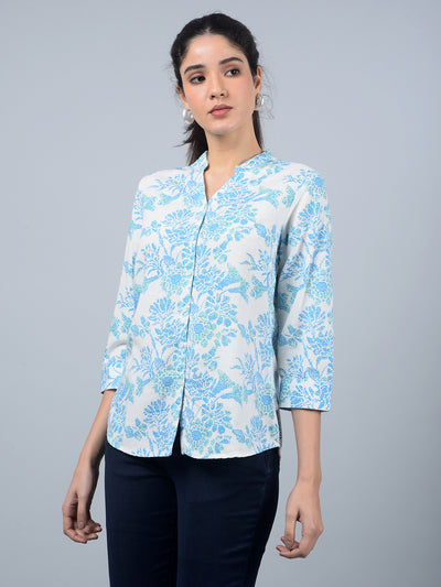 Blue Floral Print V-Neck Linen Shirt-Women Shirts-Crimsoune Club