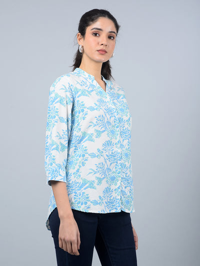 Blue Floral Print V-Neck Linen Shirt-Women Shirts-Crimsoune Club