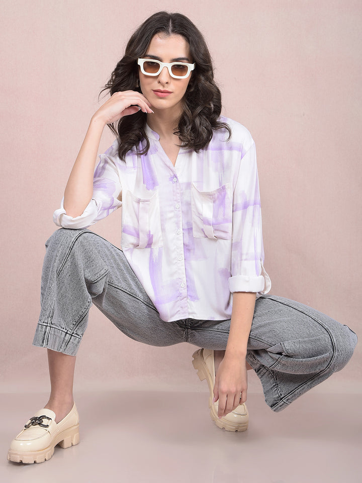 Purple Printed V-Neck Shirt-Women Shirts-Crimsoune Club