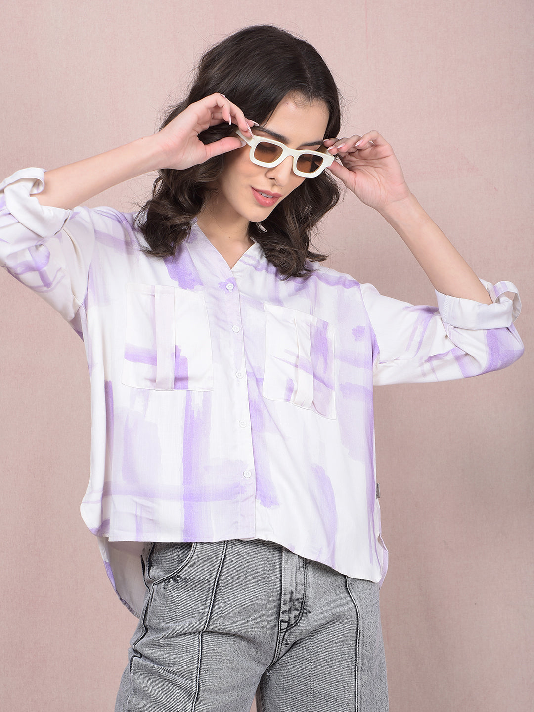 Purple Printed V-Neck Shirt-Women Shirts-Crimsoune Club