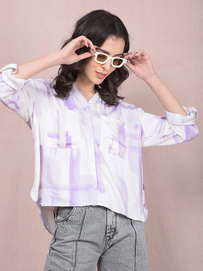 Purple Printed V-Neck Shirt-Women Shirts-Crimsoune Club