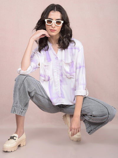 Purple Printed V-Neck Shirt-Women Shirts-Crimsoune Club
