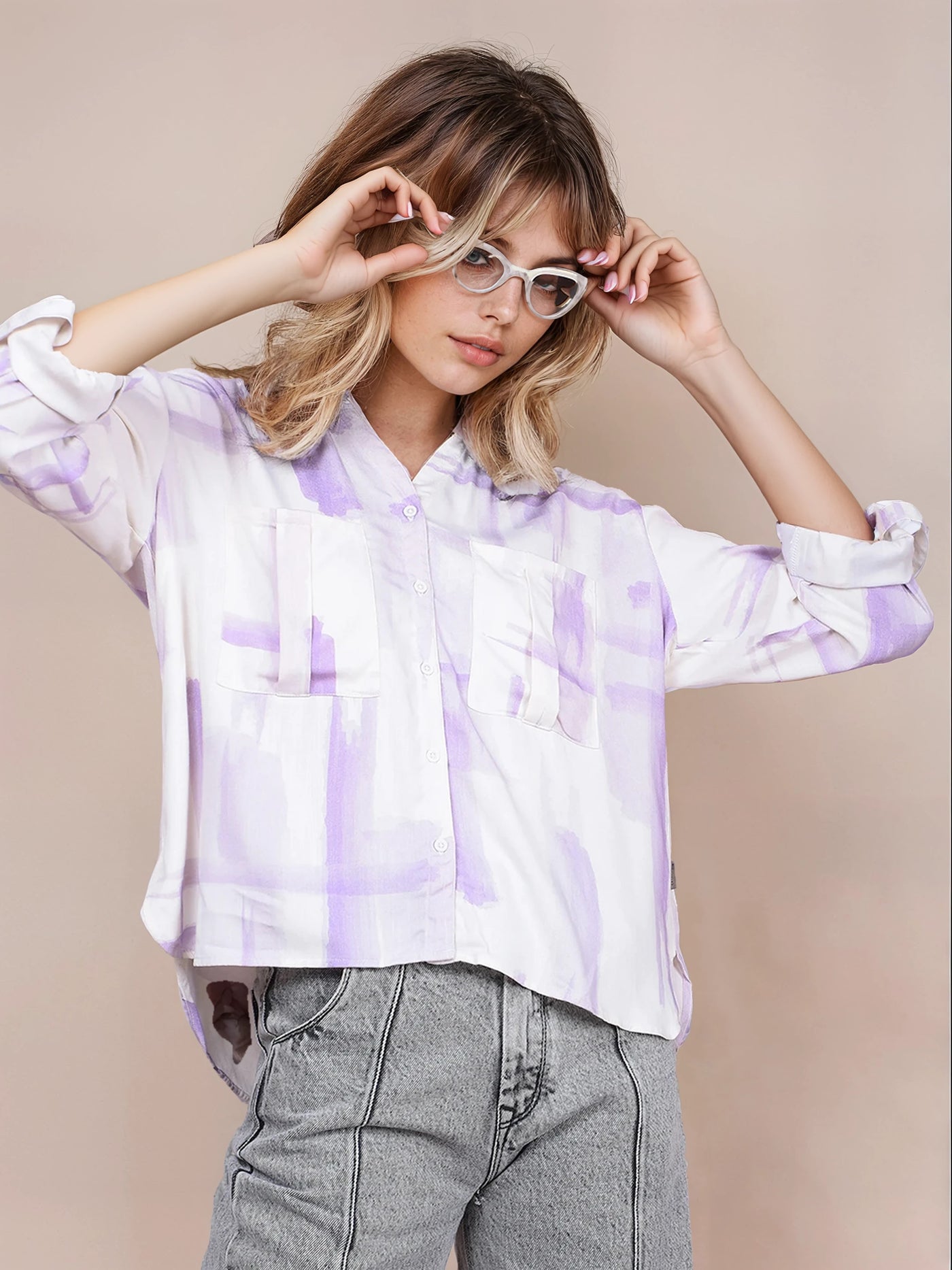 Purple Printed V-Neck Shirt-Women Shirts-Crimsoune Club