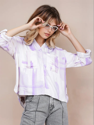 Purple Printed V-Neck Shirt-Women Shirts-Crimsoune Club