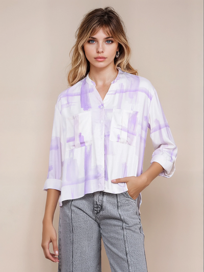 Purple Printed V-Neck Shirt-Women Shirts-Crimsoune Club