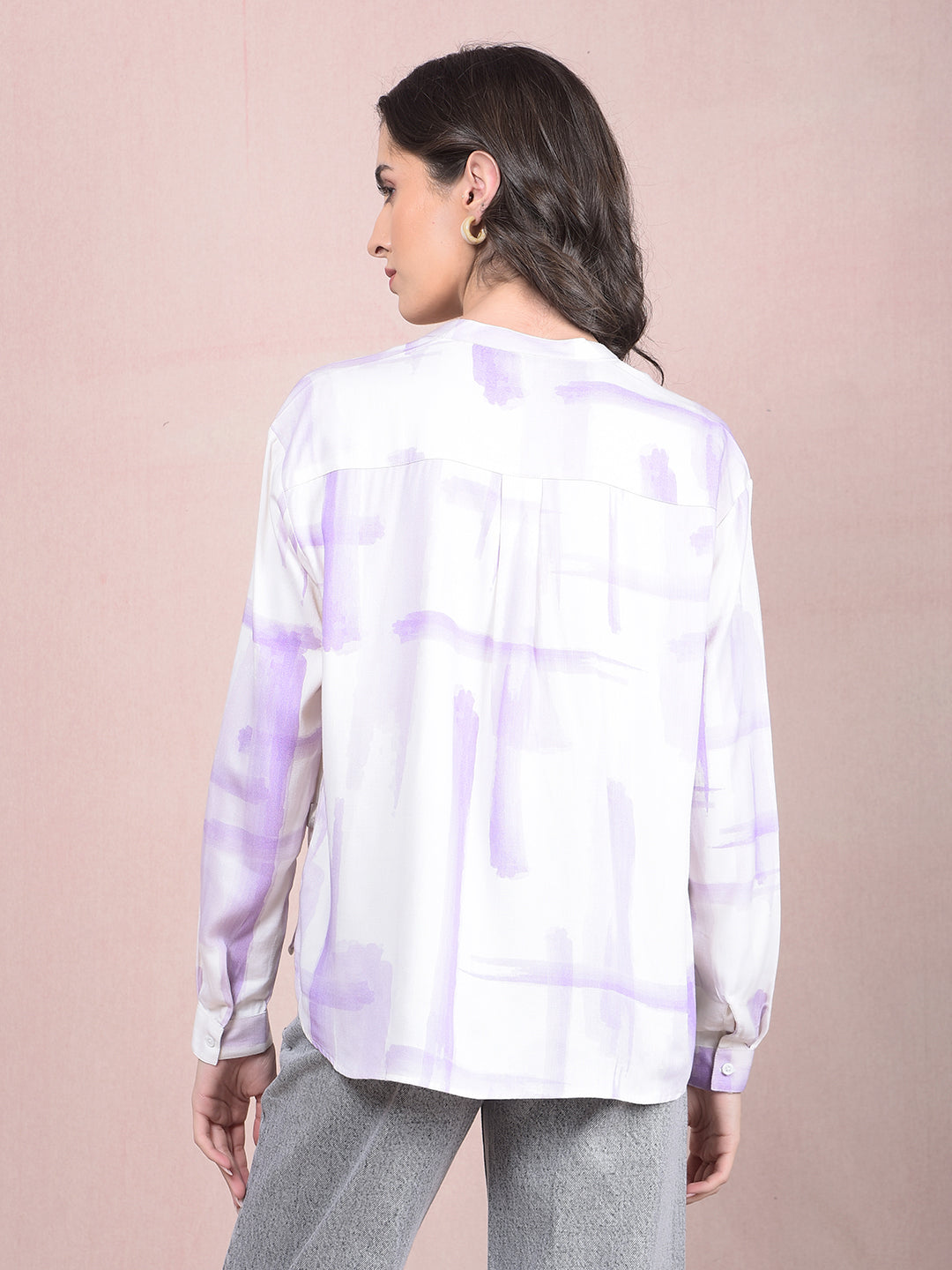 Purple Printed V-Neck Shirt-Women Shirts-Crimsoune Club