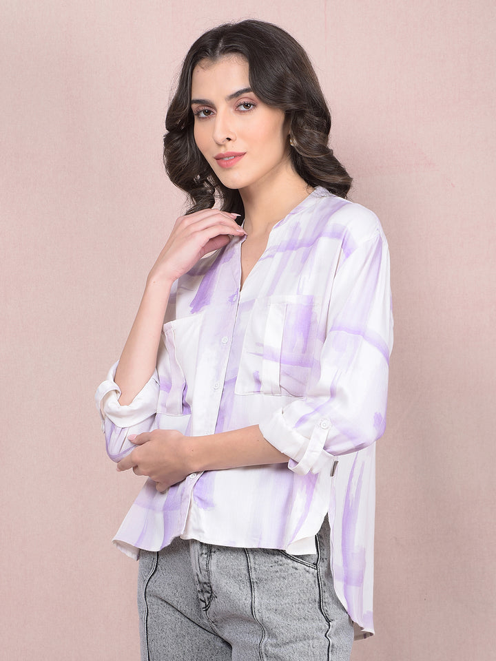 Purple Printed V-Neck Shirt-Women Shirts-Crimsoune Club