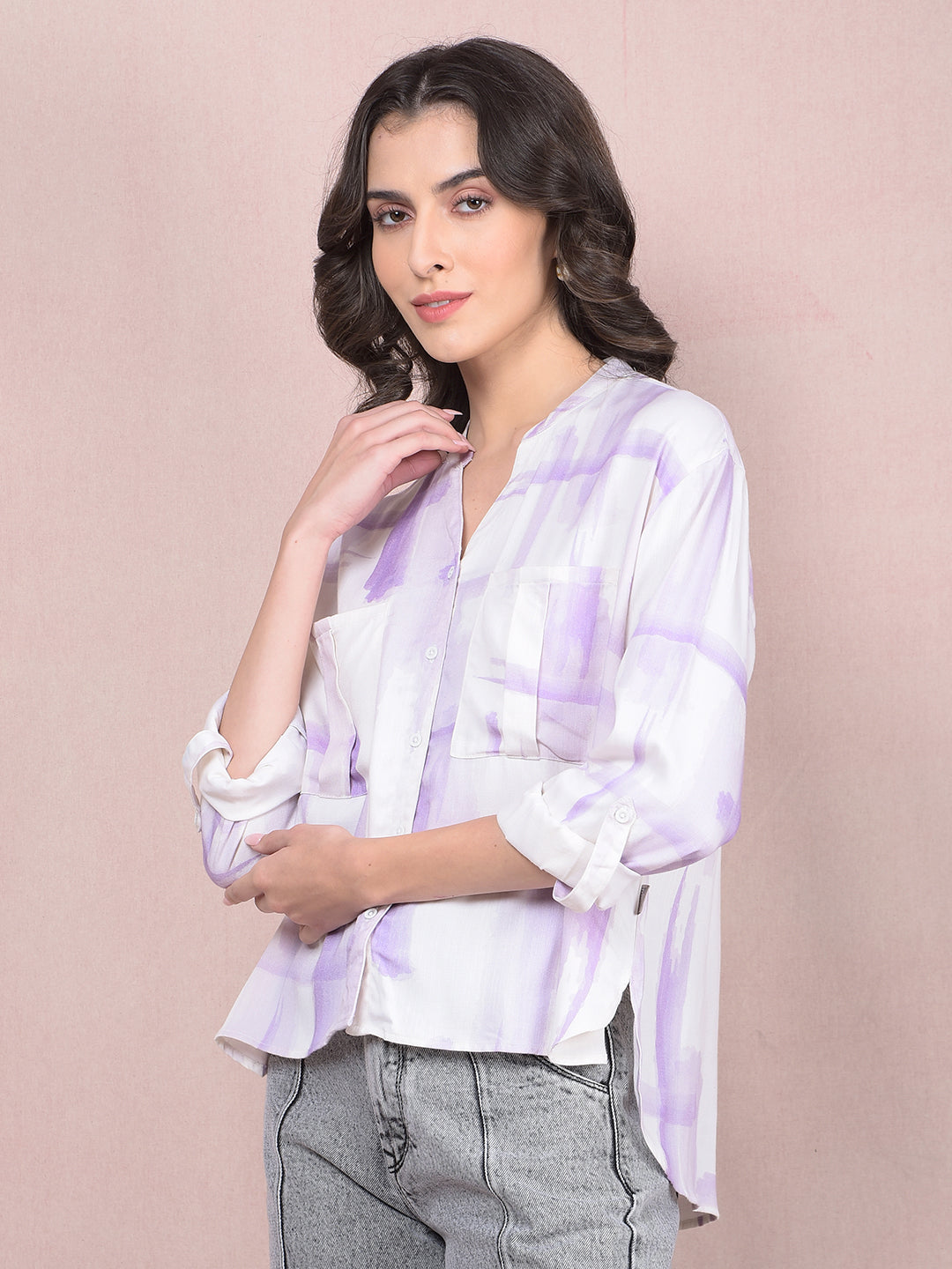 Purple Printed V-Neck Shirt-Women Shirts-Crimsoune Club