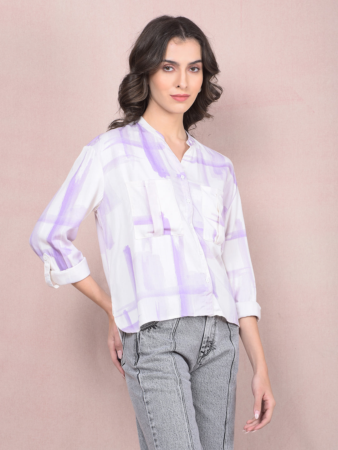 Purple Printed V-Neck Shirt-Women Shirts-Crimsoune Club