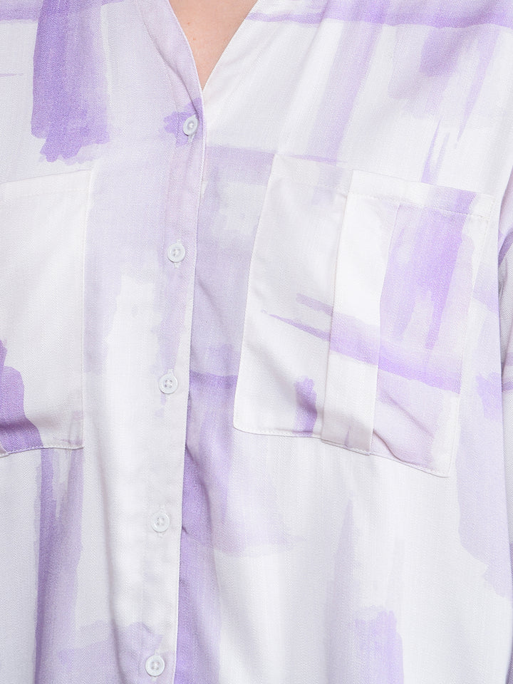 Purple Printed V-Neck Shirt-Women Shirts-Crimsoune Club