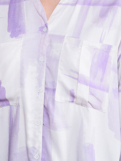 Purple Printed V-Neck Shirt-Women Shirts-Crimsoune Club