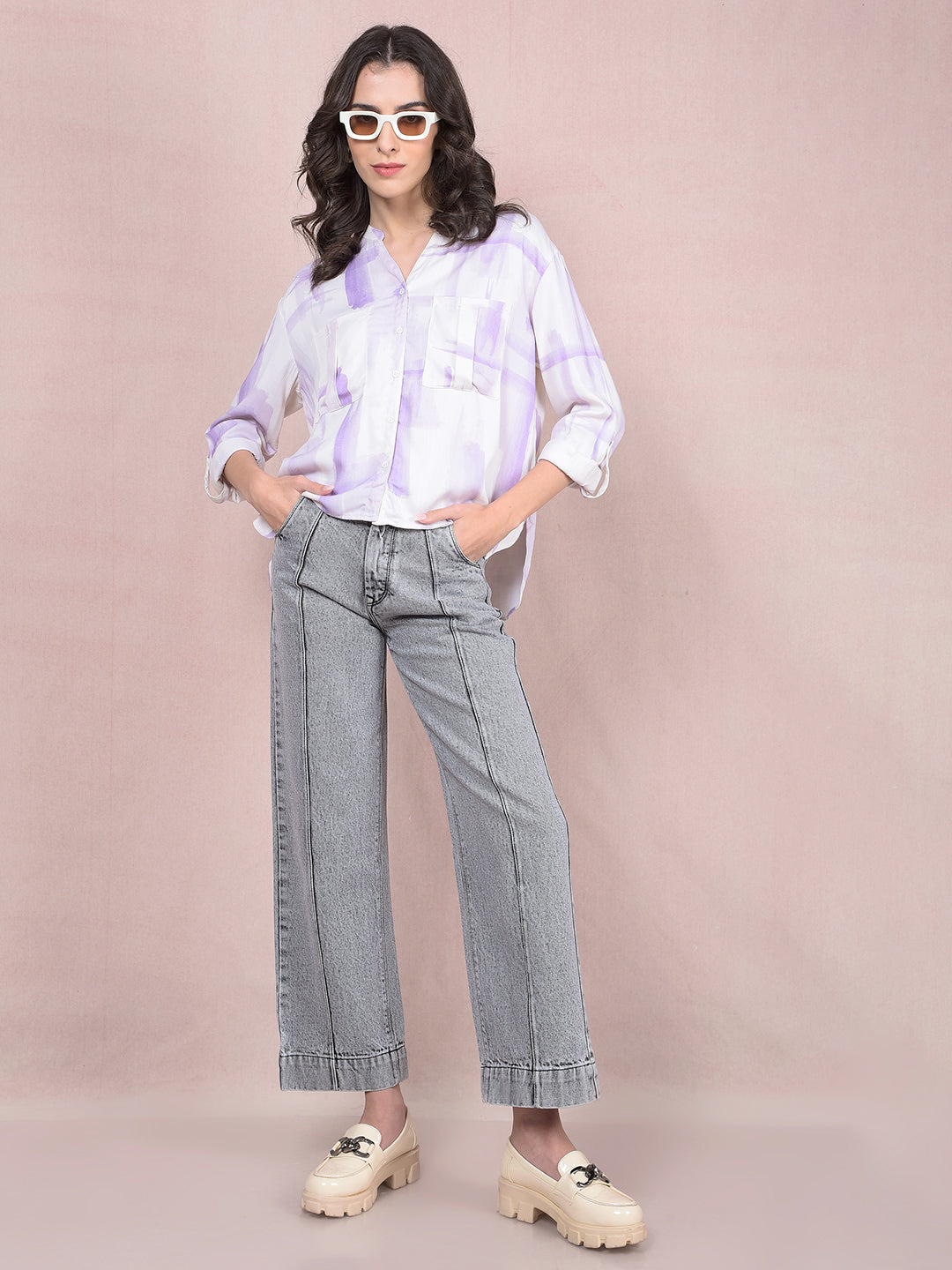 Purple Printed V-Neck Shirt-Women Shirts-Crimsoune Club