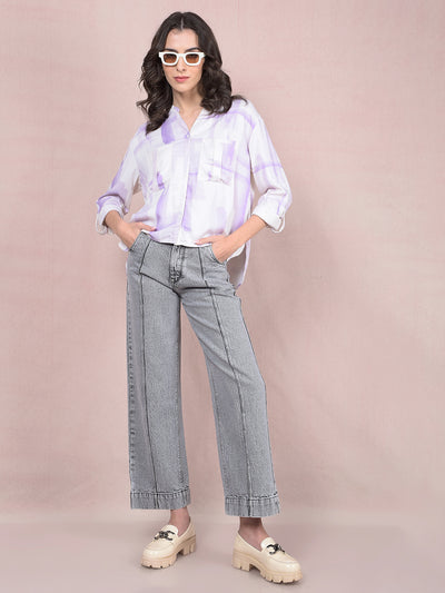 Purple Printed V-Neck Shirt-Women Shirts-Crimsoune Club