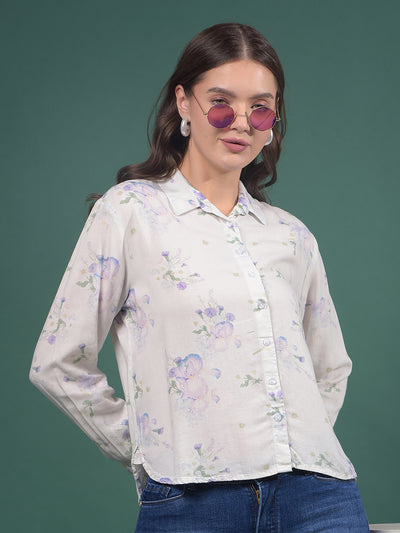 Purple Floral Print Linen Shirt-Women Shirts-Crimsoune Club