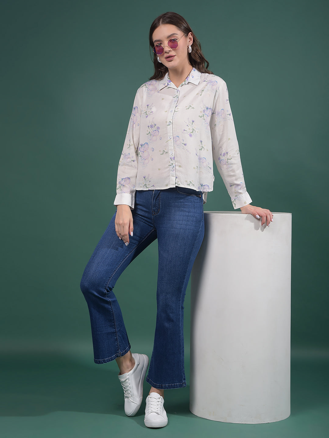 Purple Floral Print Linen Shirt-Women Shirts-Crimsoune Club