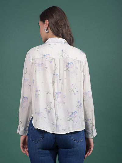 Purple Floral Print Linen Shirt-Women Shirts-Crimsoune Club