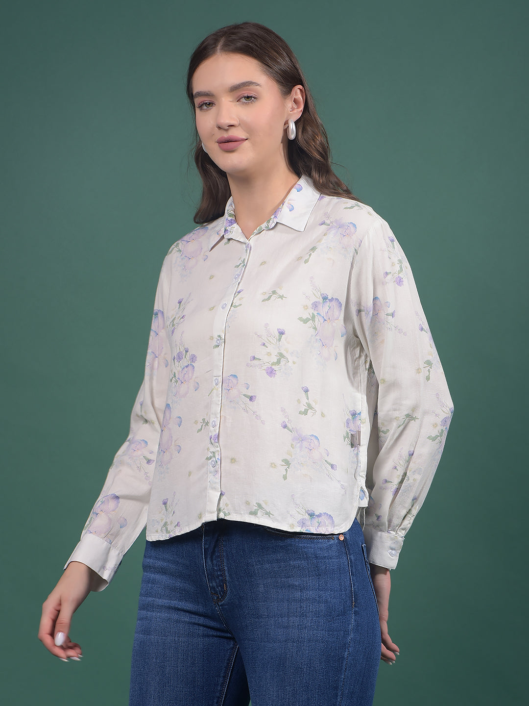 Purple Floral Print Linen Shirt-Women Shirts-Crimsoune Club