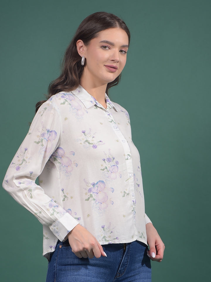 Purple Floral Print Linen Shirt-Women Shirts-Crimsoune Club