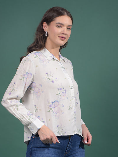 Purple Floral Print Linen Shirt-Women Shirts-Crimsoune Club