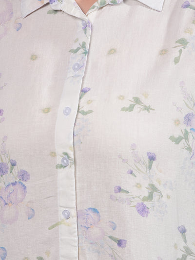 Purple Floral Print Linen Shirt-Women Shirts-Crimsoune Club