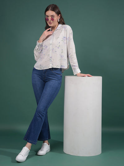 Purple Floral Print Linen Shirt-Women Shirts-Crimsoune Club