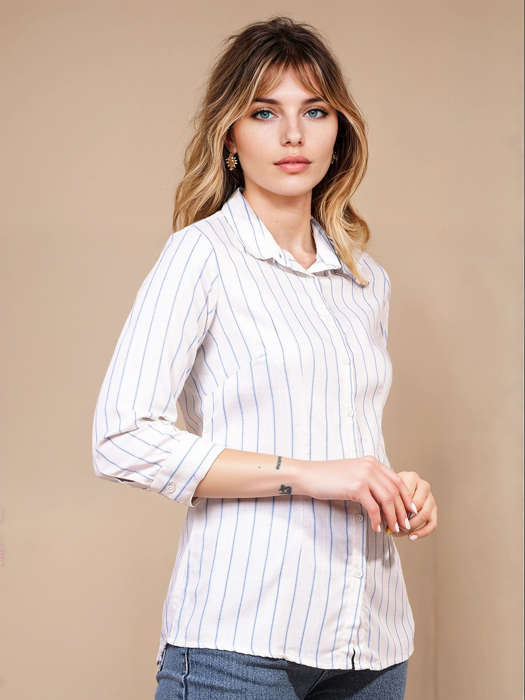Women's Blue Vertical Stripes Shirt-Women Shirts-Crimsoune Club