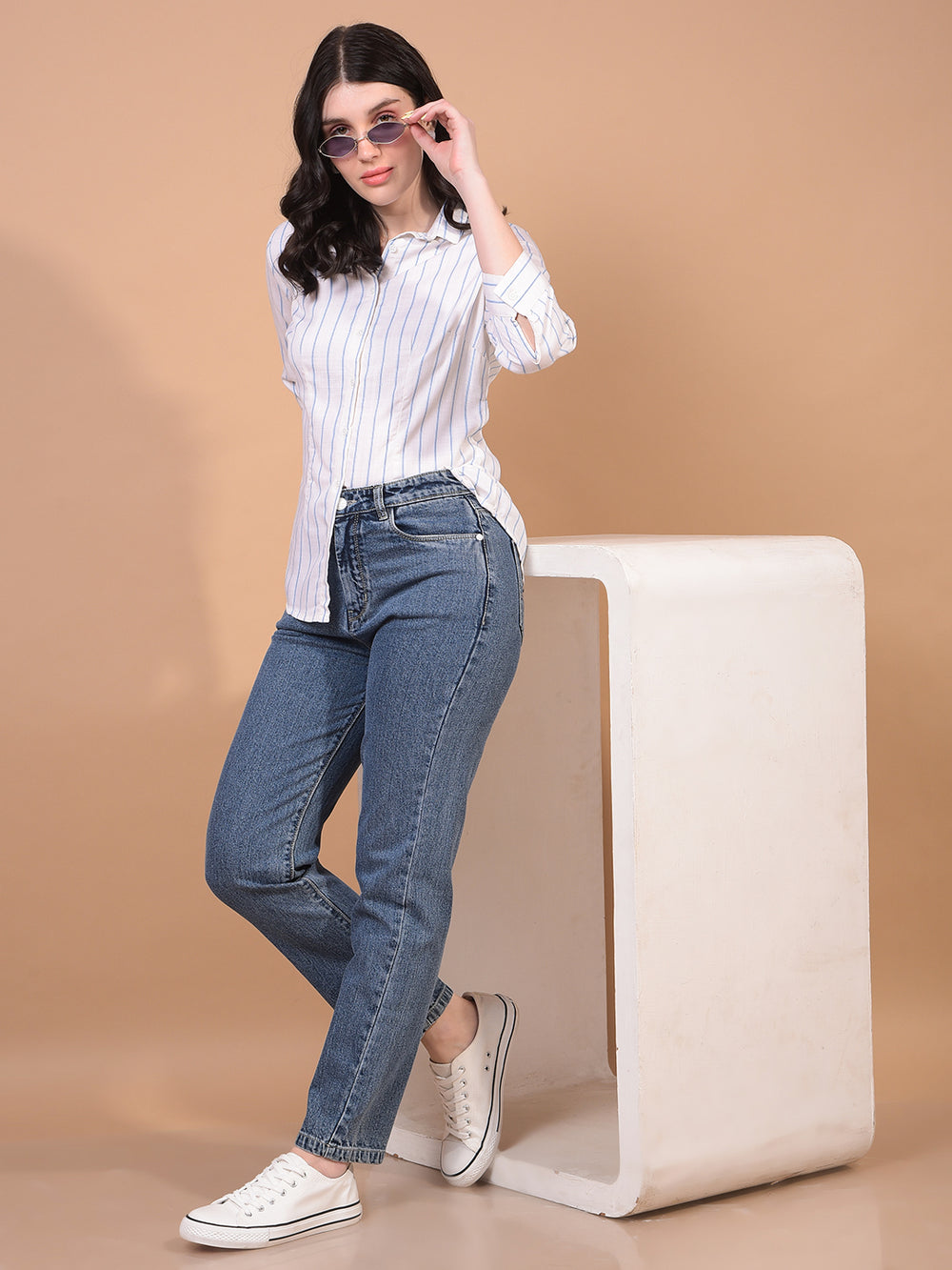 Women's Blue Vertical Stripes Shirt-Women Shirts-Crimsoune Club