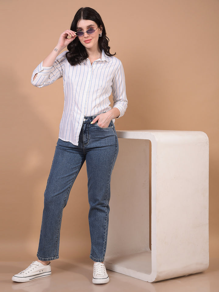 Women's Blue Vertical Stripes Shirt-Women Shirts-Crimsoune Club