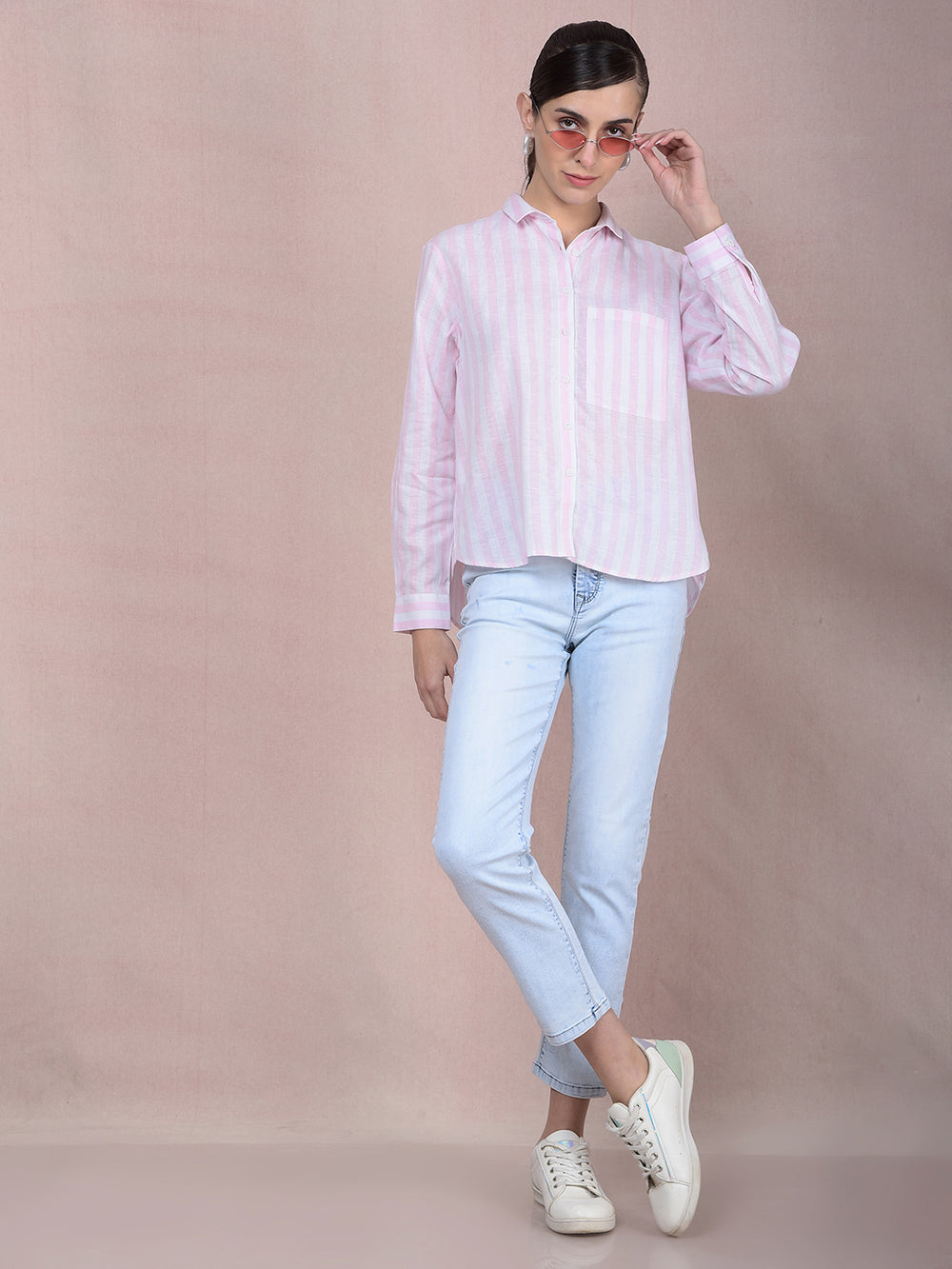Pink Vertical Stripes Linen Shirt-Women Shirts-Crimsoune Club