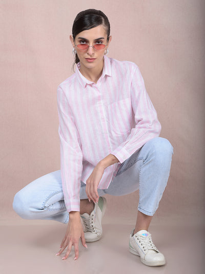 Pink Vertical Stripes Linen Shirt-Women Shirts-Crimsoune Club