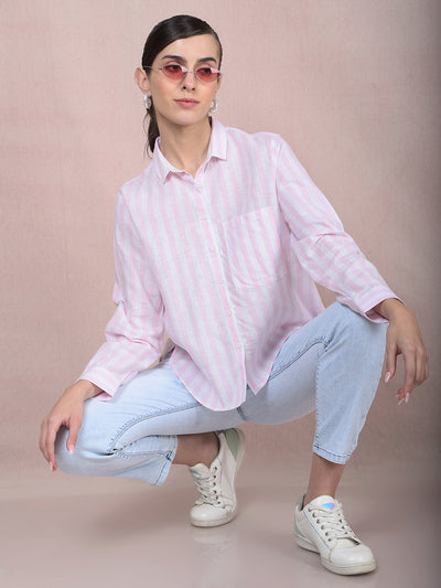 Pink Vertical Stripes Linen Shirt-Women Shirts-Crimsoune Club